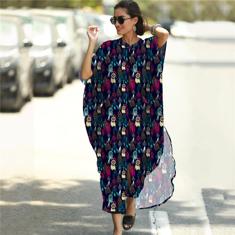 Four-Sided Elastic-Printed Beach Blouse Loose Pocket Single-Breasted Vacation Dress