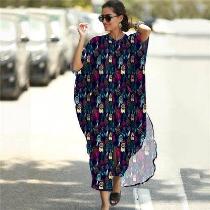 Four-Sided Elastic-Printed Beach Blouse Loose Pocket Single-Breasted Vacation Dress