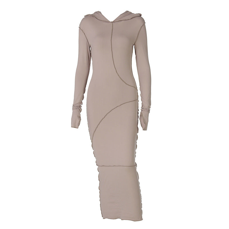 Hooded Long Sleeve Bodycon Dress Casual Solid Color