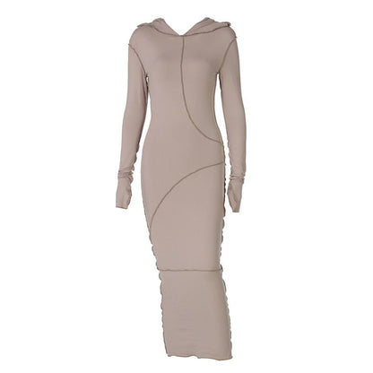 Hooded Long Sleeve Bodycon Dress Casual Solid Color