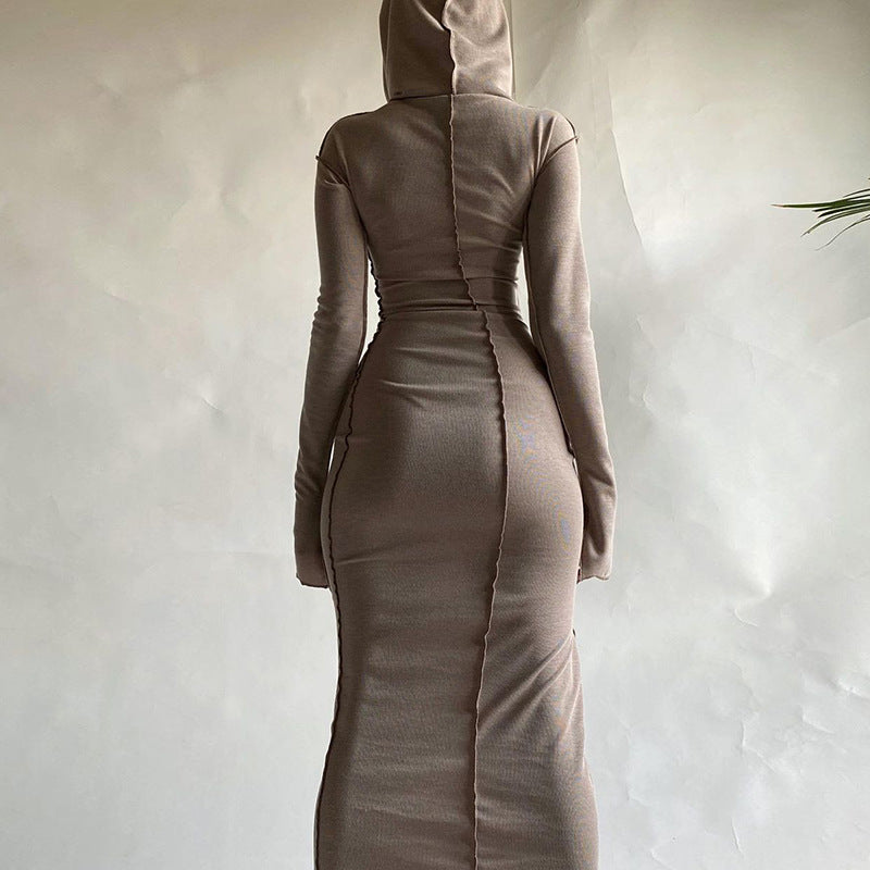 Hooded Long Sleeve Bodycon Dress Casual Solid Color