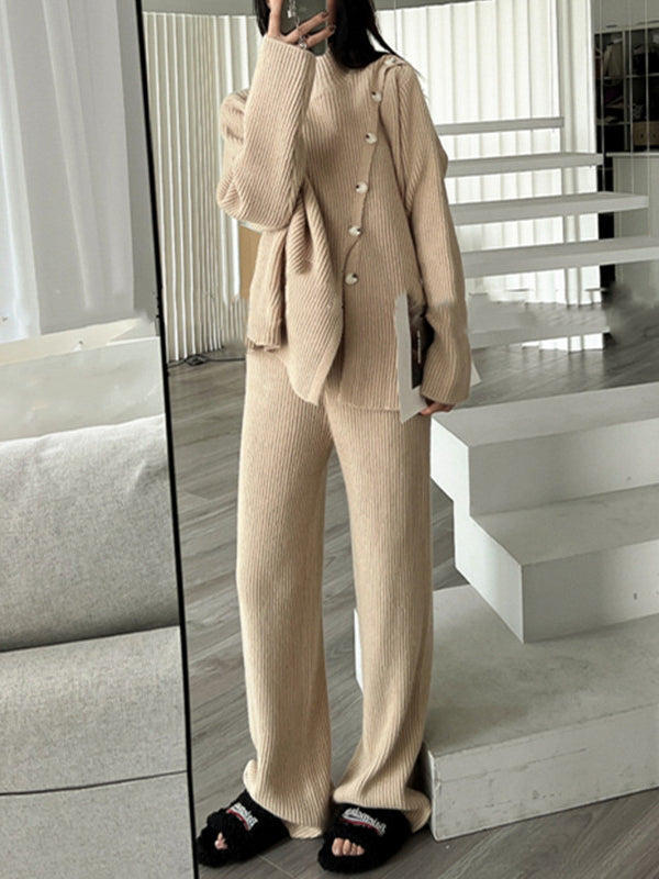 Casual Loose Solid Color Half Turtleneck Sweater Tops & Wide Leg Pants Suits