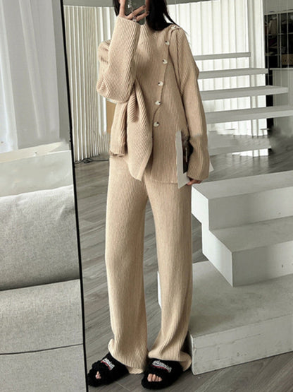 Casual Loose Solid Color Half Turtleneck Sweater Tops & Wide Leg Pants Suits
