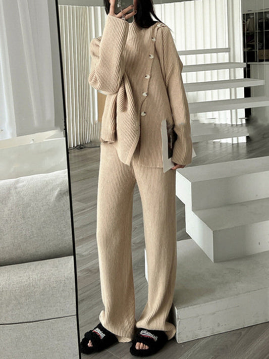 Casual Loose Solid Color Half Turtleneck Sweater Tops & Wide Leg Pants Suits