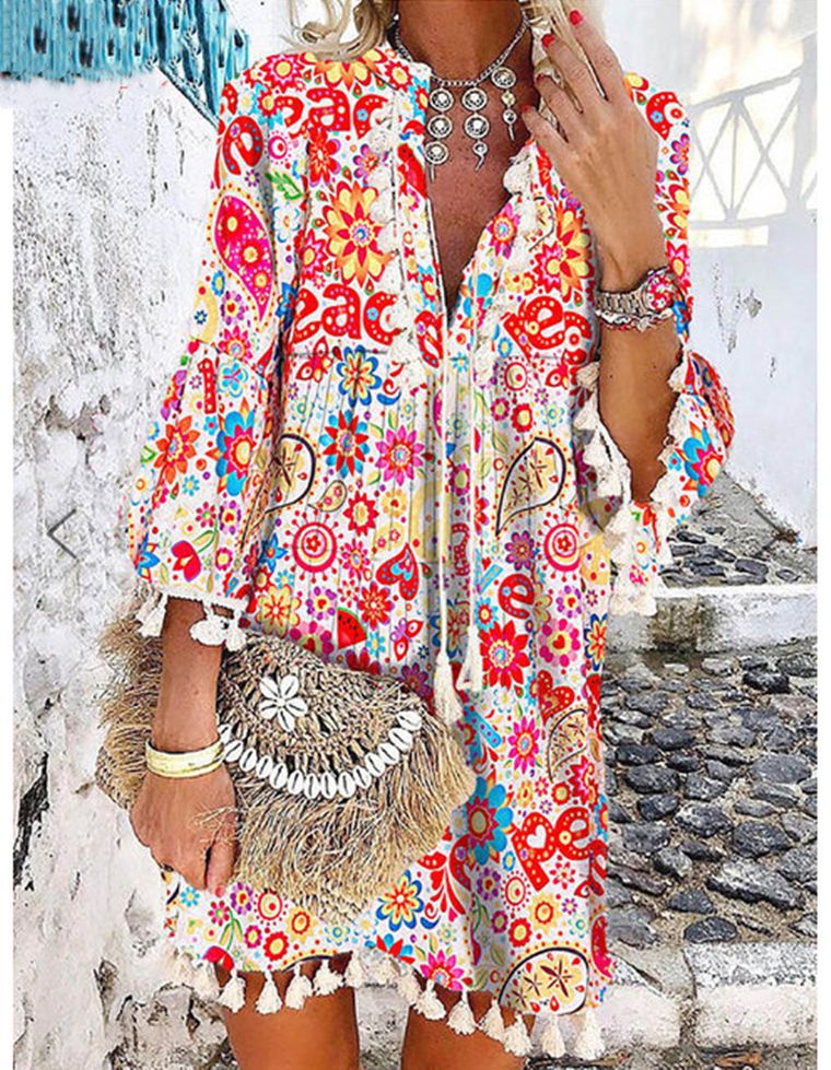 Printed V-Neck Pullover Fringed Ruffled Sleeve Dress