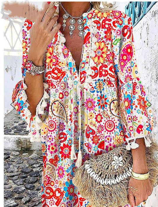 Printed V-Neck Pullover Fringed Ruffled Sleeve Dress