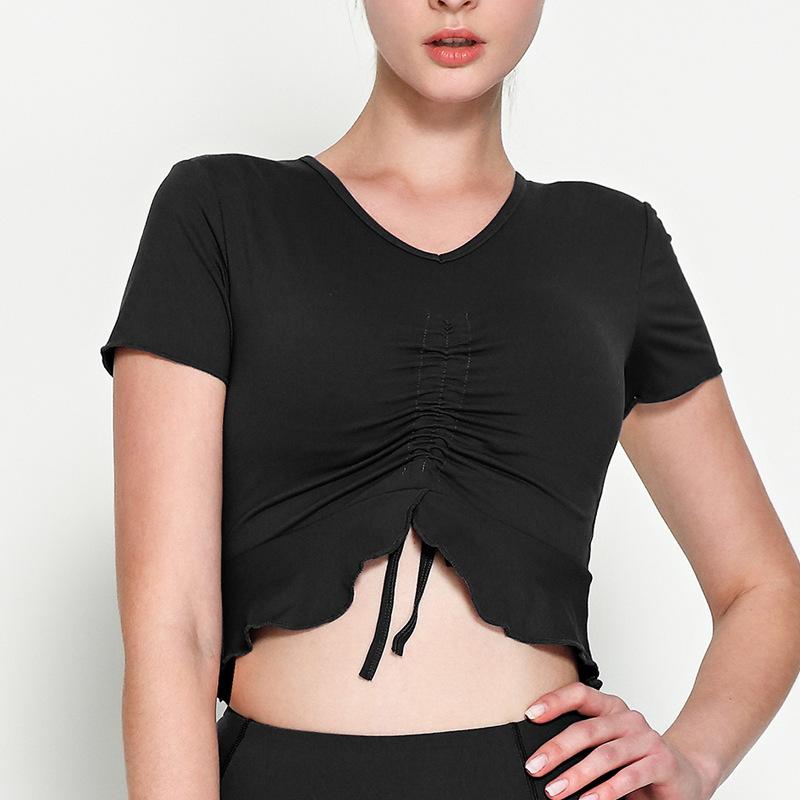 Rope V-Neck Sports Short Sleeve Lotus Leaf Pendulum Short Yoga Jacket With Chest Pad Nude Yoga