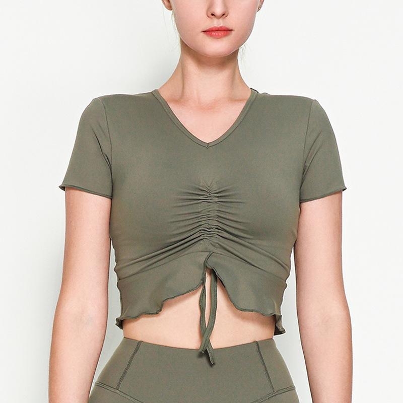 Rope V-Neck Sports Short Sleeve Lotus Leaf Pendulum Short Yoga Jacket With Chest Pad Nude Yoga