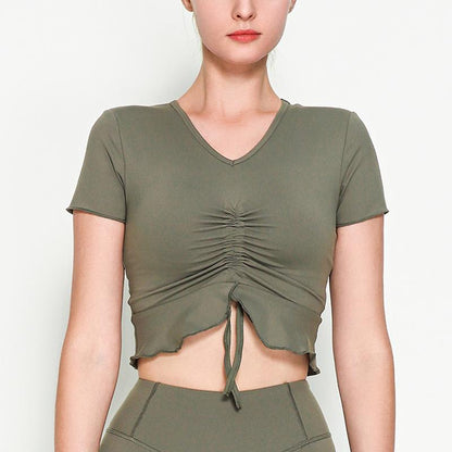 Rope V-Neck Sports Short Sleeve Lotus Leaf Pendulum Short Yoga Jacket With Chest Pad Nude Yoga