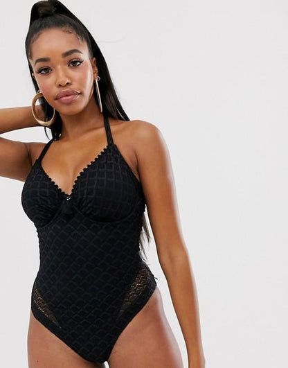 Swimsuit Women'S Solid Color New Style One-Piece Swimming Suit Sexy Solid Color Cutout Lace One-Piece Swimsuit