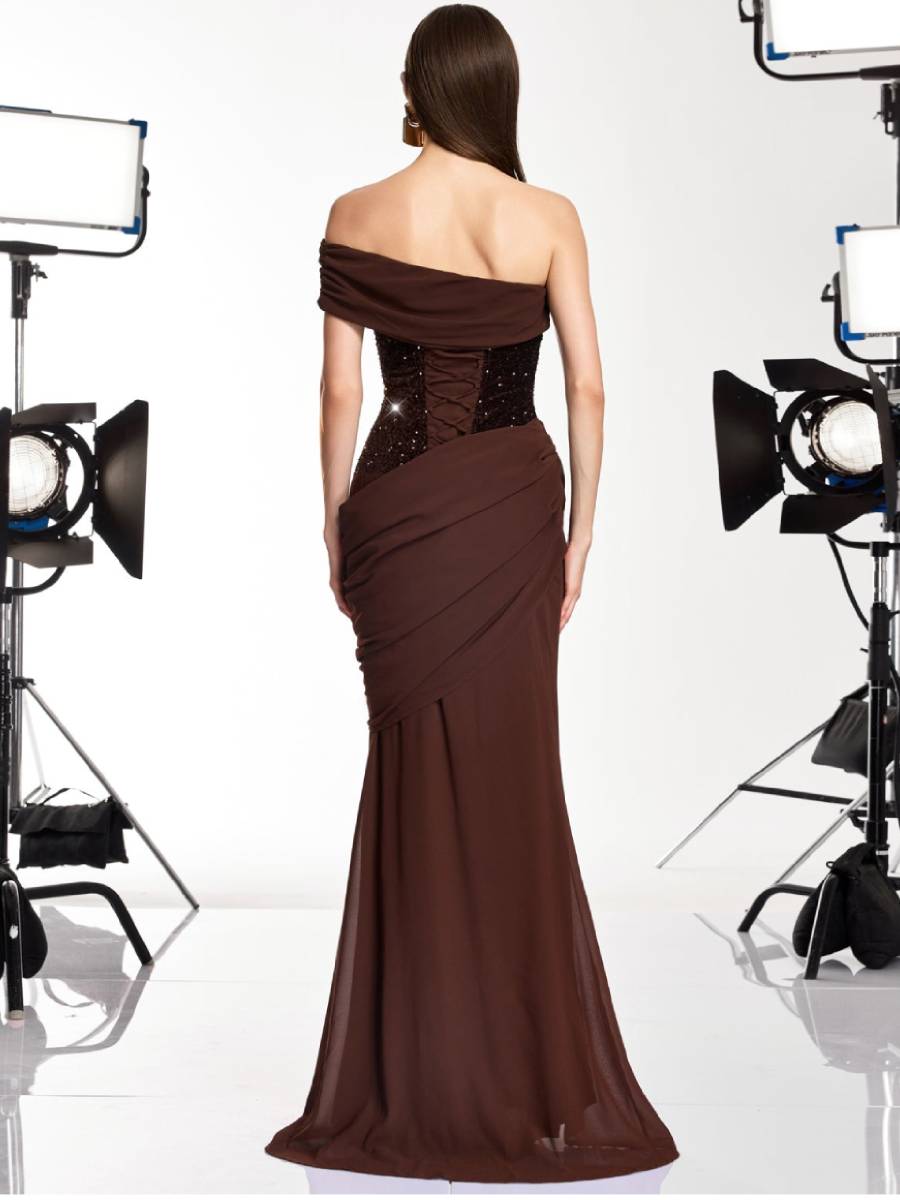 Samantha One Shoulder Sequin Ruched Maxi Dress