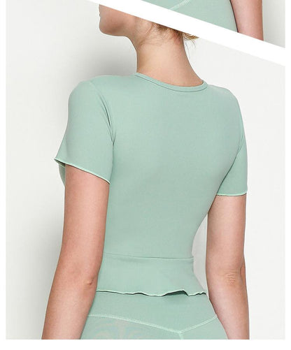 Rope V-Neck Sports Short Sleeve Lotus Leaf Pendulum Short Yoga Jacket With Chest Pad Nude Yoga