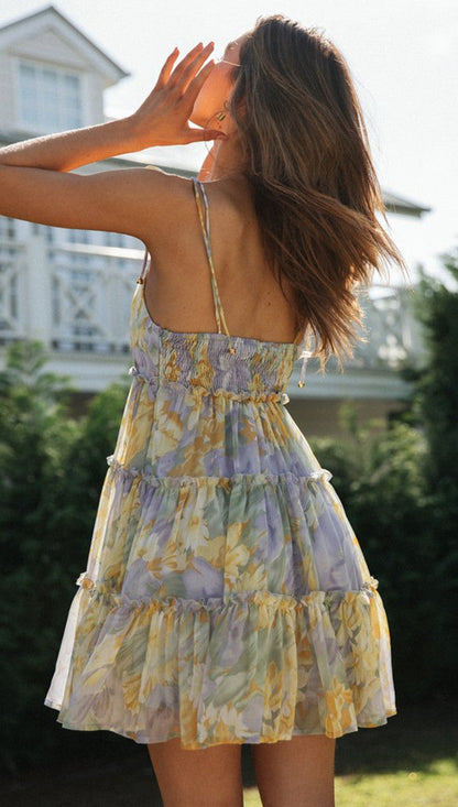 Fashion Women'S Dress With Hanging Strap, Printed Lace Up, Large Hem Dress