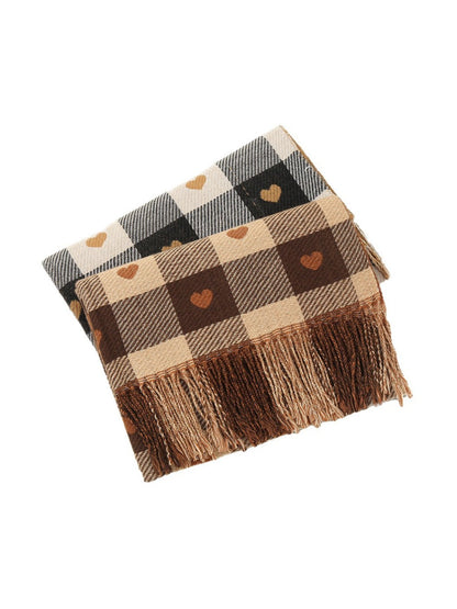 Sscarvii - Heart Print Plaid Winter Scarf