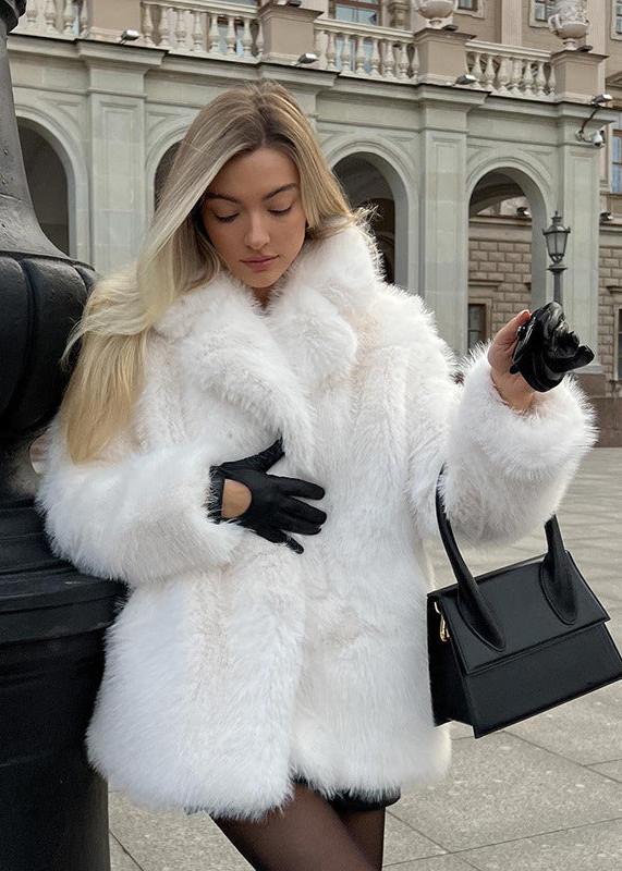 White Faux Fur Short Coat With High Collar