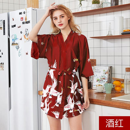 Silk Crane Pajama Girl Summer Mid Sleeve Bride Morning Robe Big Yard Home Robe Bathrobe Color56