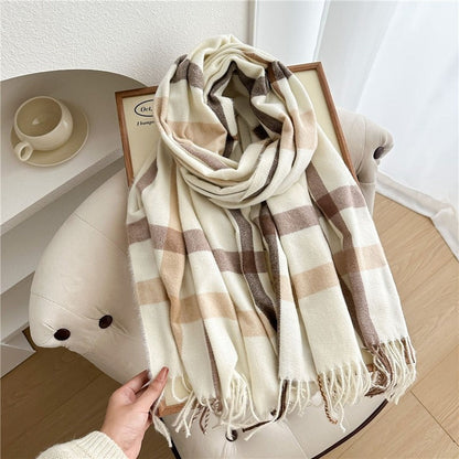 Color Block Plaid Fringe Scarf