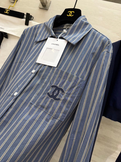 CC Striped Shirt & Knitted Shawl Blue White Cotton 344723