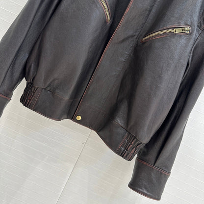 YSL Right-angle Shoulder Silhouette Jacket Black Brown Lambskin