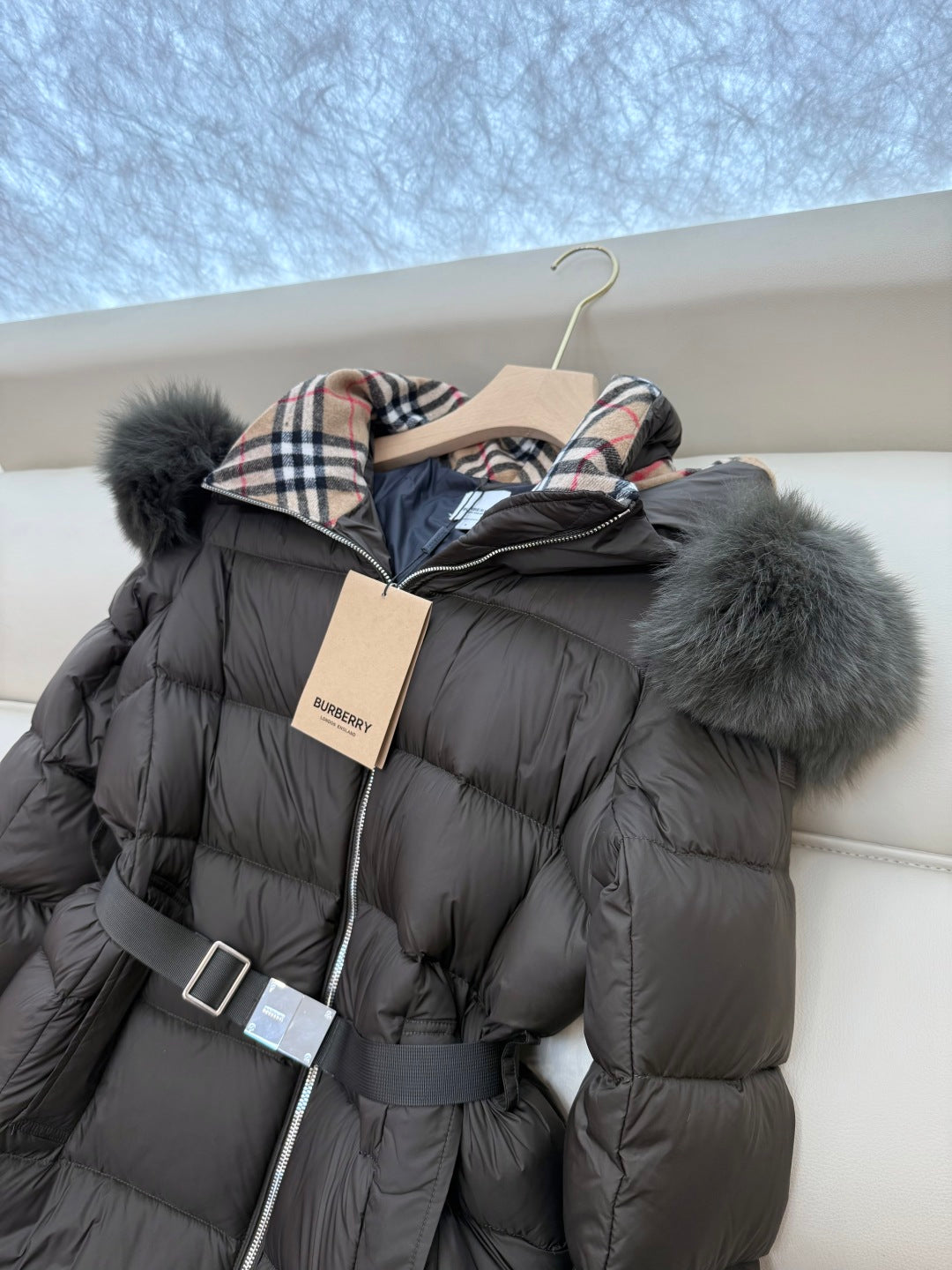 Burberry 25 Fur Collar Plaid Slim-fit Khaki Green Jacket Polyester Down