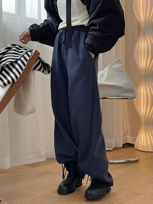 Simple Wide Leg Loose Velvet Drawstring Solid Color Casual Pants Bottoms