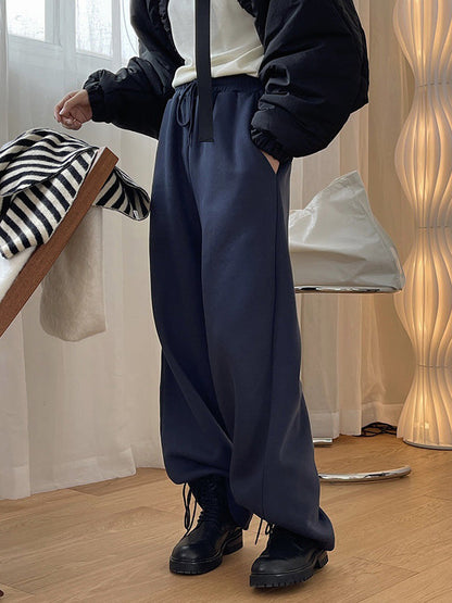 Simple Wide Leg Loose Velvet Drawstring Solid Color Casual Pants Bottoms