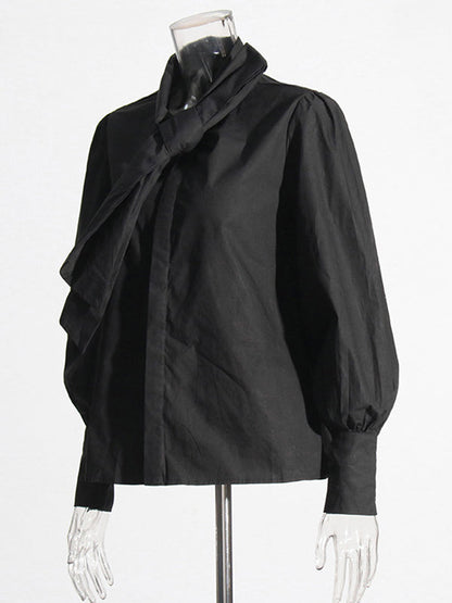 Solid Color Loose Buttoned Bowknot Puff Sleeves Blouses