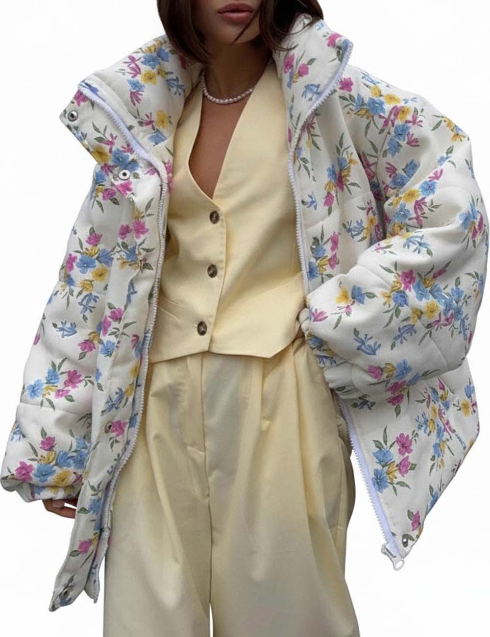 Floral Print Stand Collar Zipper Cotton Padded Jacket