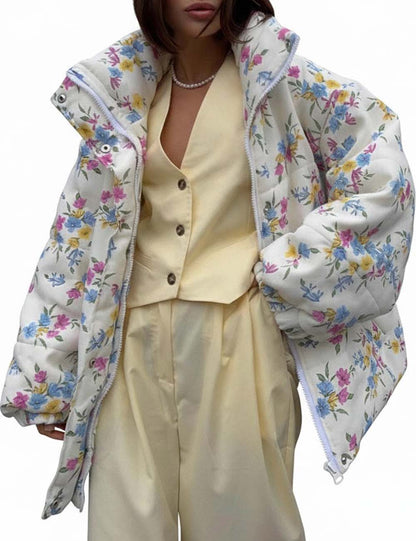 Floral Print Stand Collar Zipper Cotton Padded Jacket