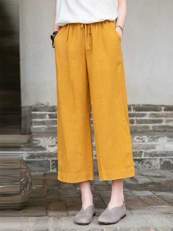 Simple Linen Column Elasticity Waist Bandage Pants