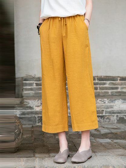 Simple Linen Column Elasticity Waist Bandage Pants