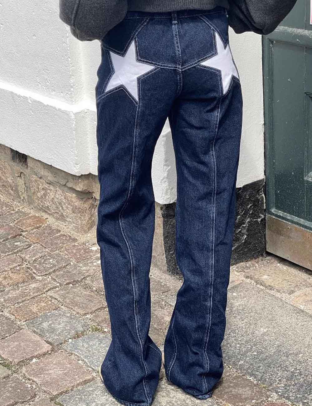 Trendy Color Contrast Splicing Star Denim Pants