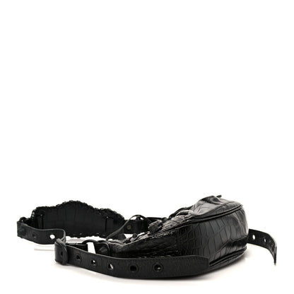 Extra Supple Calfskin Crocodile Embossed Monochrome Le Cagole Shoulder Bag XS Black