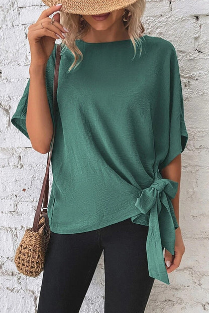 Solid Color Batwing Sleeve Hem Knotted Loose T Top