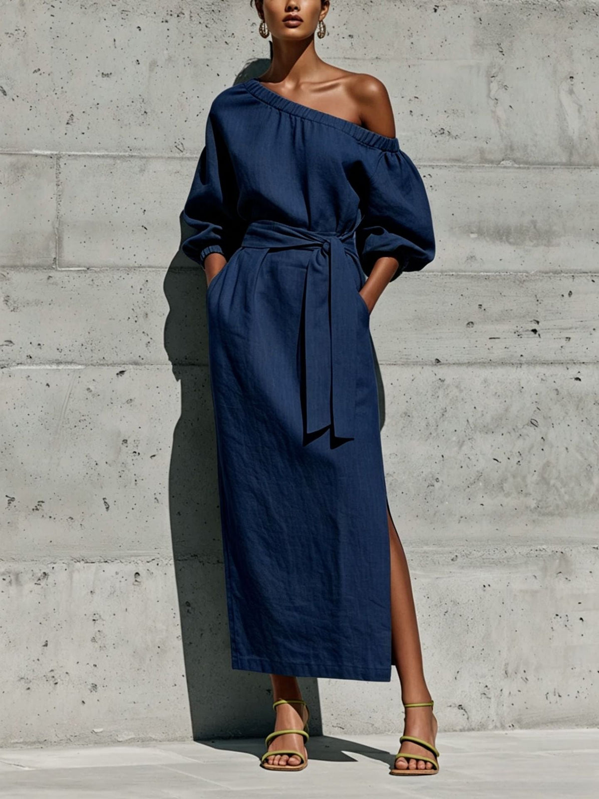 Linen One Shoulder Puff Sleeve Tie Waist Side Slit Midi Dress