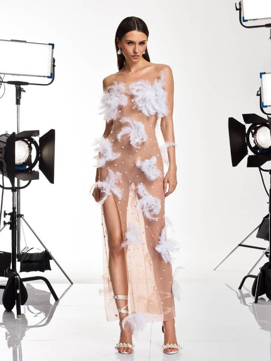 Allison Strapless Feather Mesh Maxi Dress
