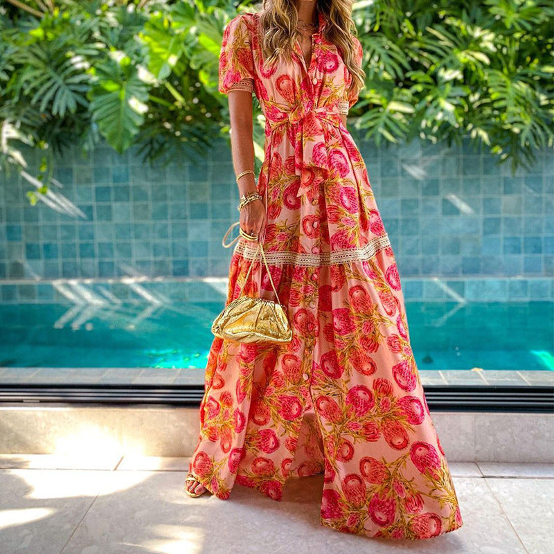 Women'S Fashion Short Sleeve Print Midi Swing Bohemian Dress