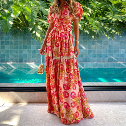 Women'S Fashion Short Sleeve Print Midi Swing Bohemian Dress