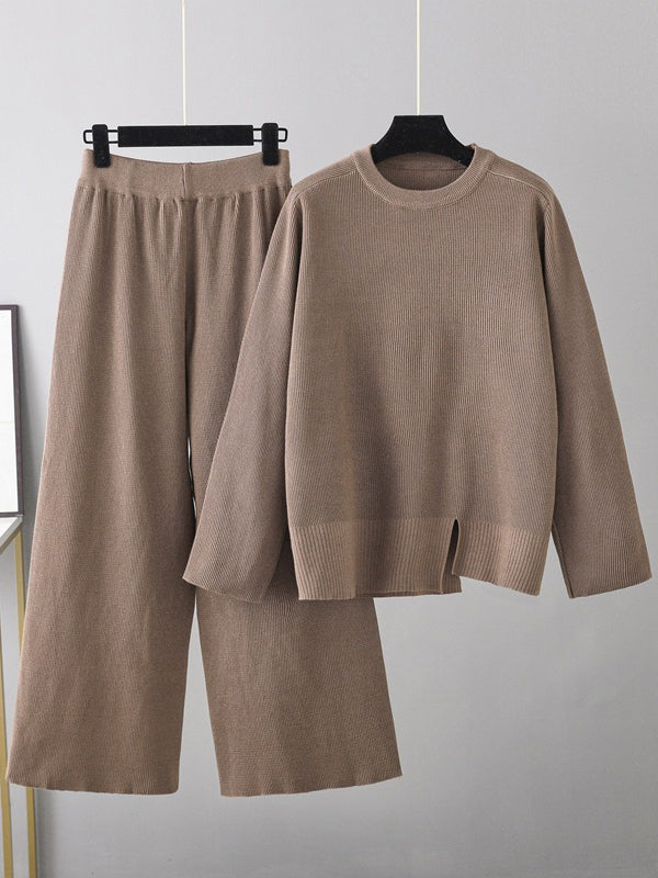 Casual Long Sleeves Irregularity Split-Front Round-Neck Sweater Tops & Wide Leg Pants Two Pieces Set
