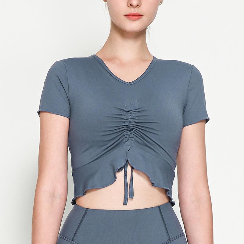 Rope V-Neck Sports Short Sleeve Lotus Leaf Pendulum Short Yoga Jacket With Chest Pad Nude Yoga