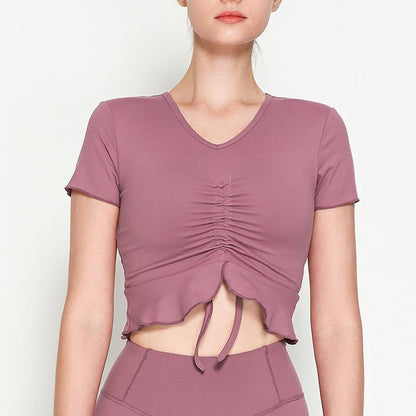 Rope V-Neck Sports Short Sleeve Lotus Leaf Pendulum Short Yoga Jacket With Chest Pad Nude Yoga