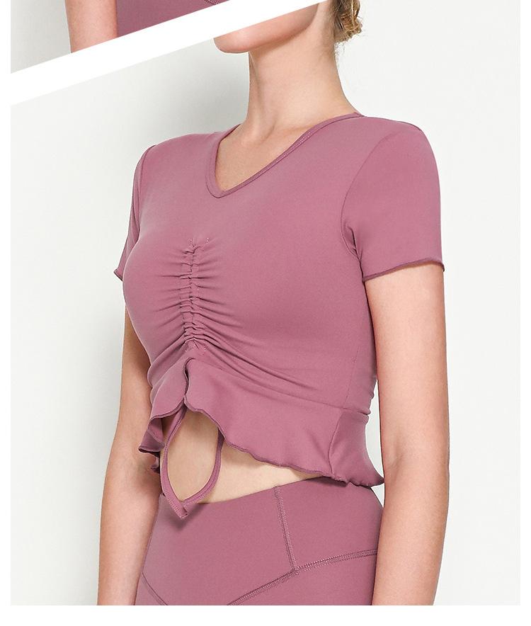 Rope V-Neck Sports Short Sleeve Lotus Leaf Pendulum Short Yoga Jacket With Chest Pad Nude Yoga
