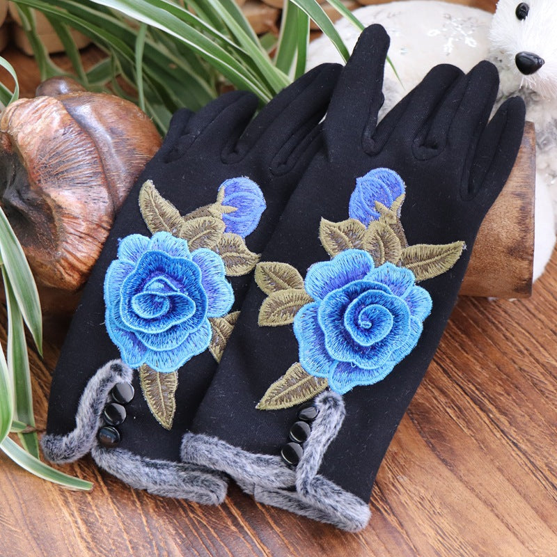 Ethnic Embroidery And Velvet Warm Embroidery Gloves Refer To Touch-Screen Gloves And Velvet Cycling Five-Finger Gloves