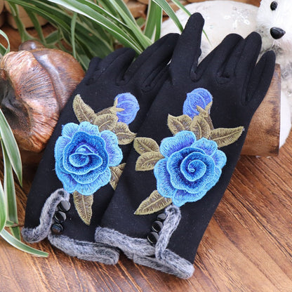 Ethnic Embroidery And Velvet Warm Embroidery Gloves Refer To Touch-Screen Gloves And Velvet Cycling Five-Finger Gloves