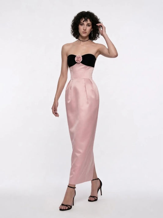 Ravenna Elegant Satin Strapless Maxi Dress with 3D Floral Details
