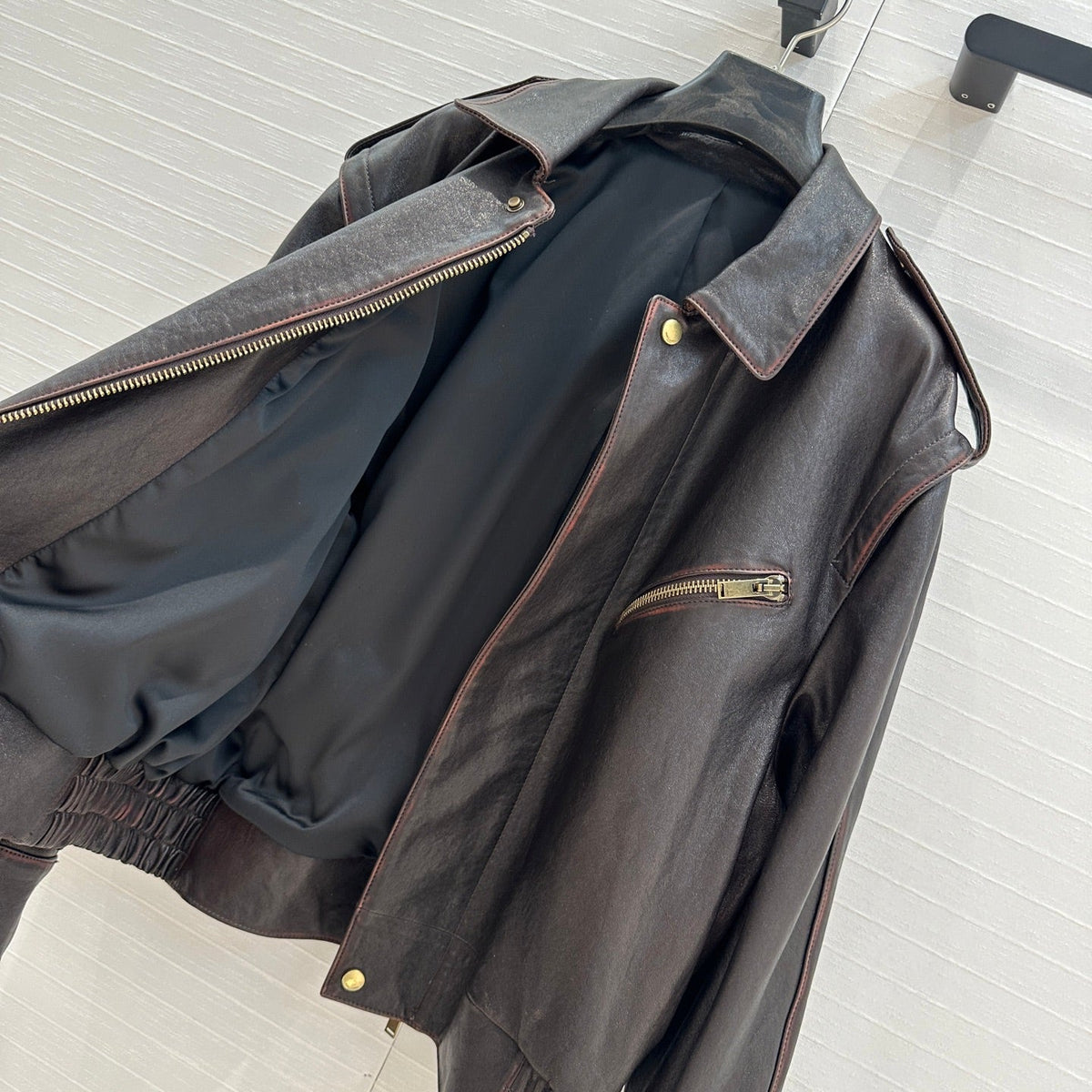 YSL Right-angle Shoulder Silhouette Jacket Black Brown Lambskin