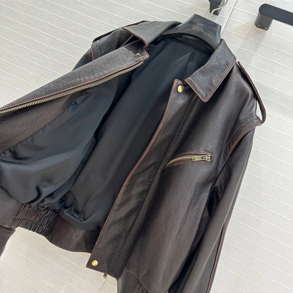 YSL Right-angle Shoulder Silhouette Jacket Black Brown Lambskin