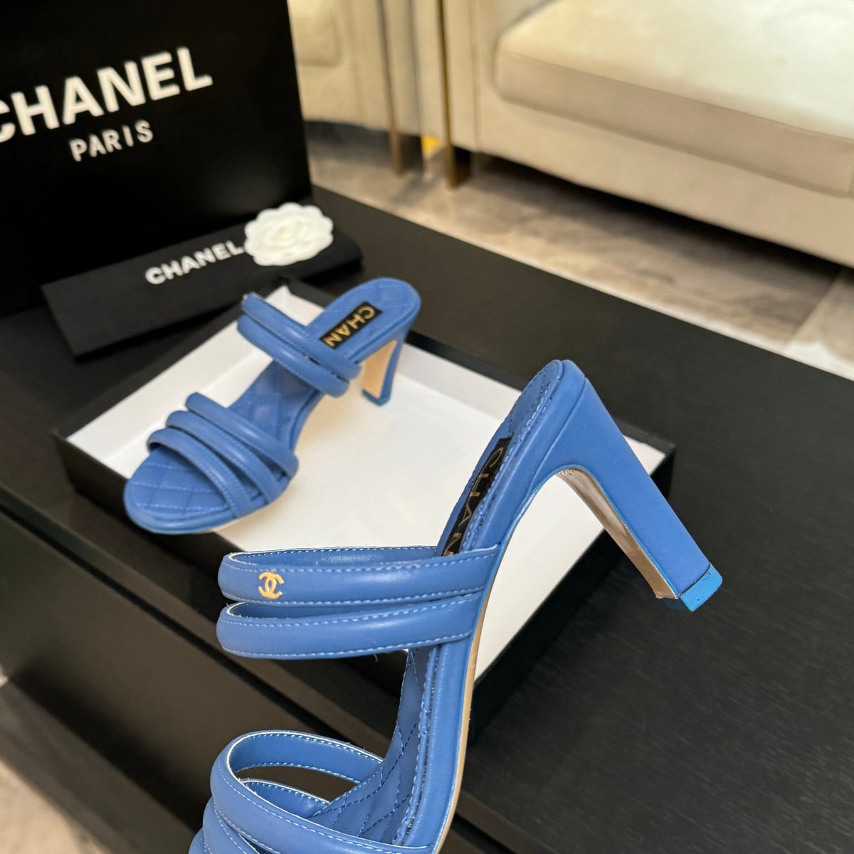 CC 26C Double C Strap Sandals Blue Sheepskin