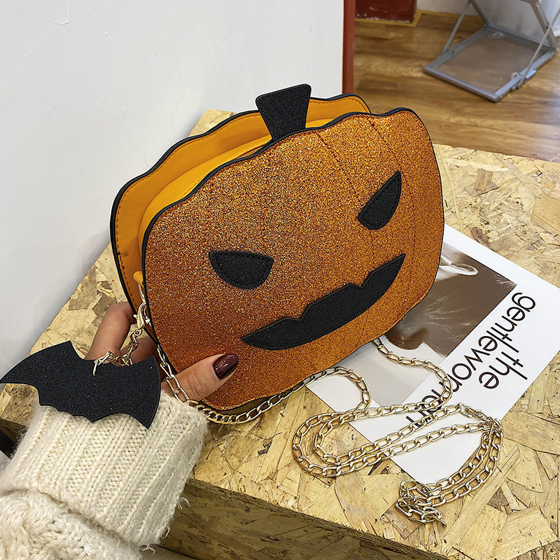 Funny Pumpkin Bat PU Crossbody Bag with Unique Cartoon Design