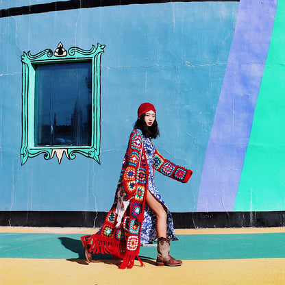 Tibetan Style Women'S Hippie Woven Crochet Handmade Ethnic Sweater Red Tassel Coat